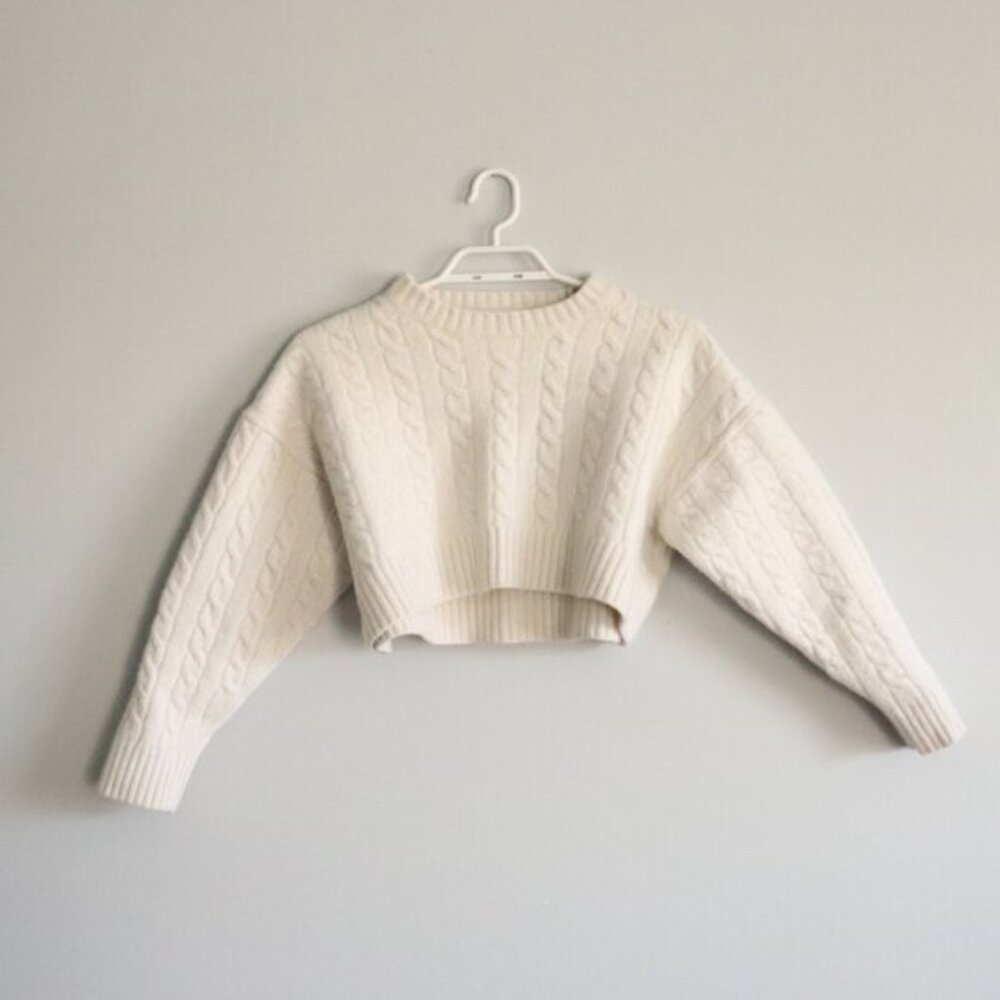 Sunday Best Women's Sz S White Merino Wool Cropped Cable Knit Ribbed Sweater